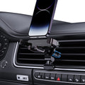 Auto-lock gravity phone mount installed on a car dashboard air vent, front view showing the swivel clamp