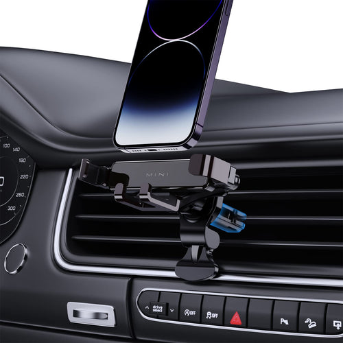 Auto-lock gravity phone mount installed on a car dashboard air vent, front view showing the swivel clamp