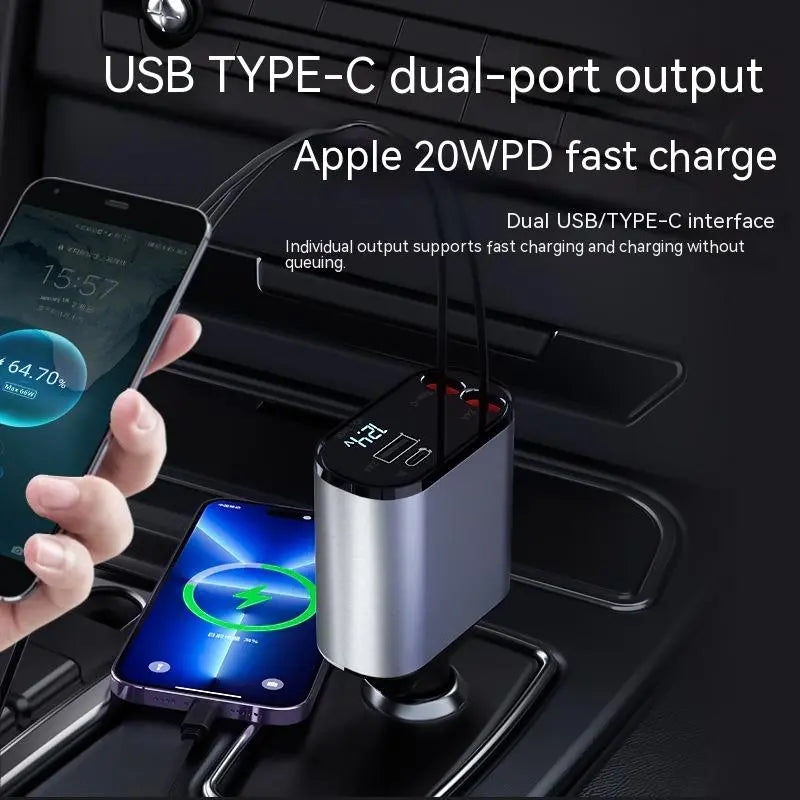 4-in-1 Retractable Fast Car Charger showing Lightning and USB-C connectors