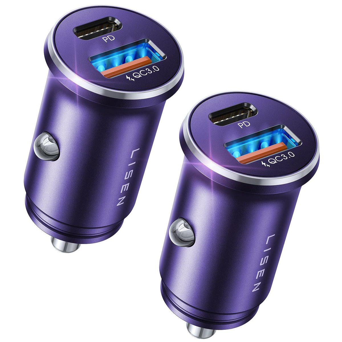 LISEN 48W Dual USB-C Car Charger close-up of dual USB-C ports